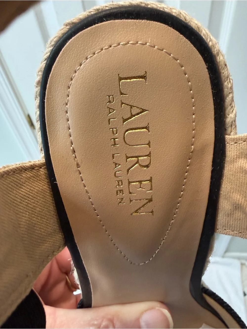 Ralph Lauren Black and Natural Espadrille Wedge Sandals with Ankle Strap
